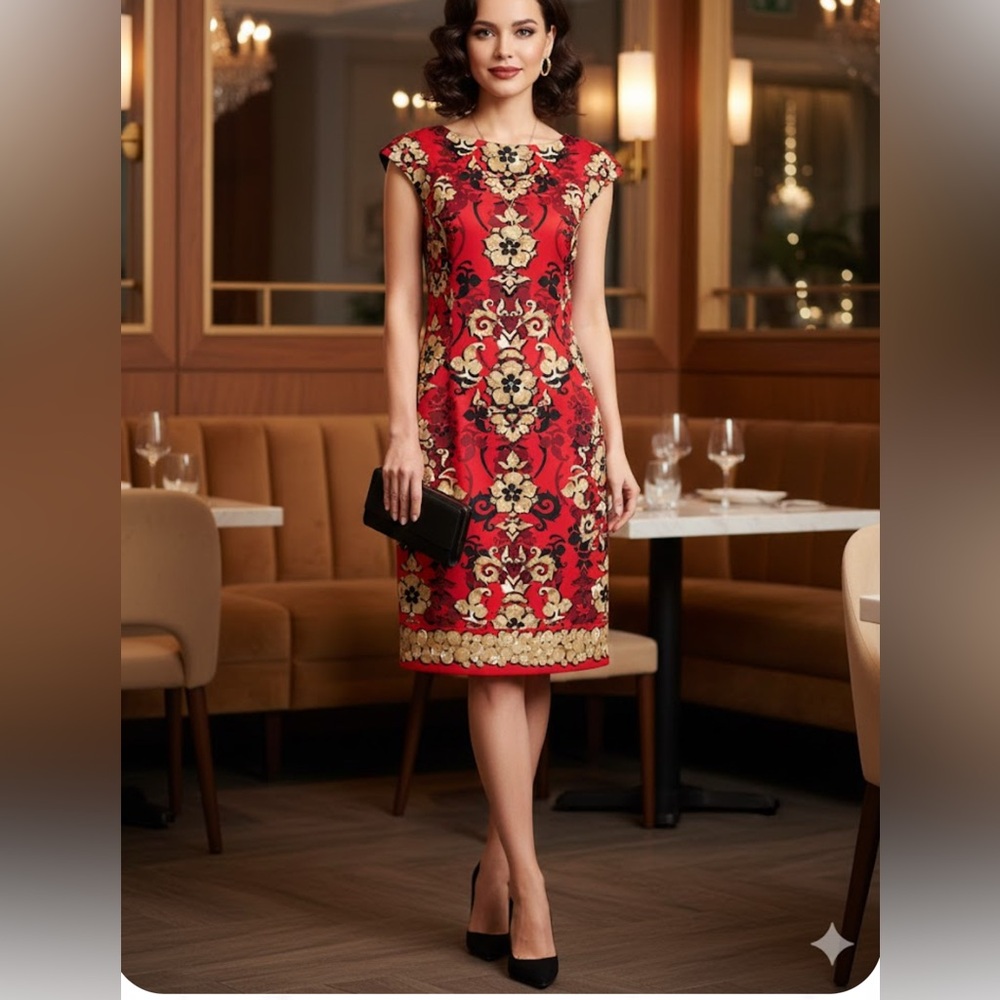 Maggy London Red and Gold Brocade Midi Dress